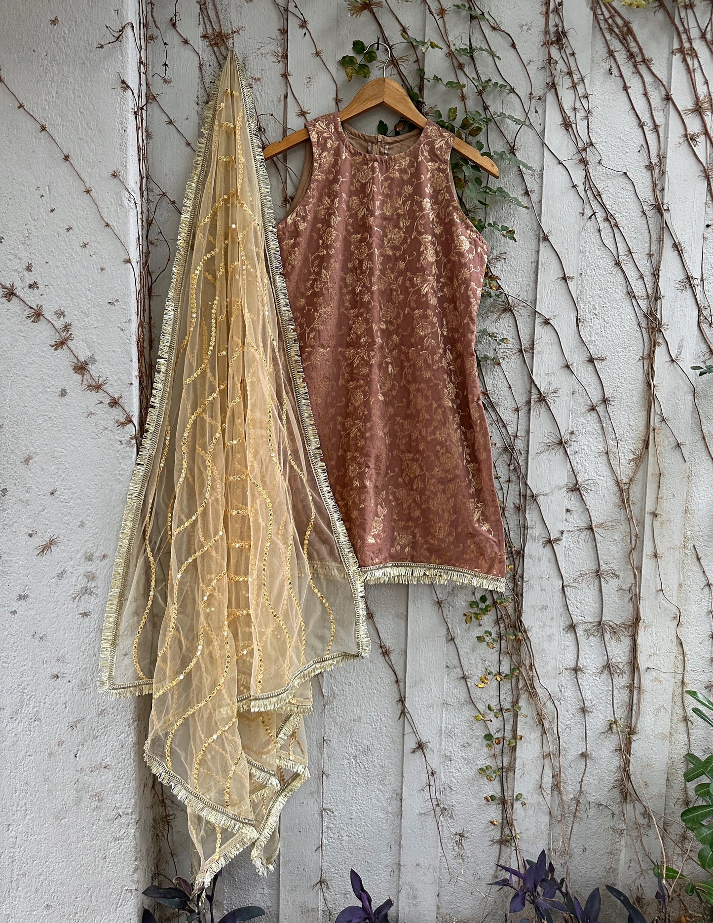 Dusty pink brocade suit